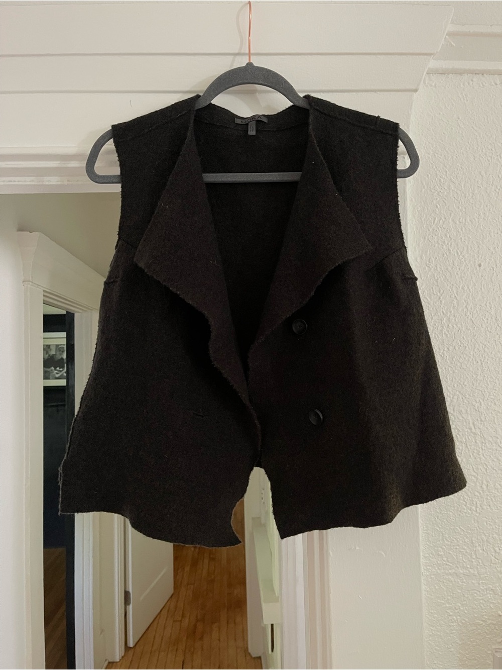 Black Sleeveless Wool-Blend Vest with Draped Lapel